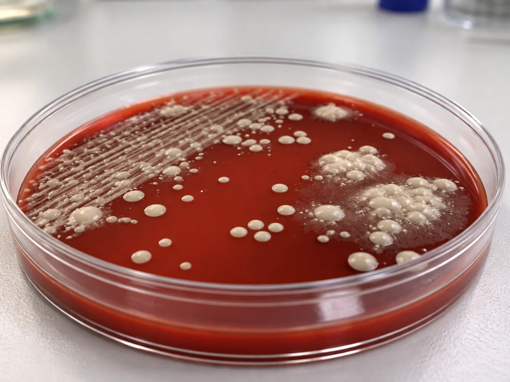 Close-up of gram-negative–like colonies on blood agar plate, showing varied colony appearances and pale growth
