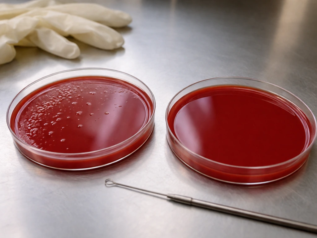 Two blood agar plates on a lab bench showing growth on one and no growth on the other.