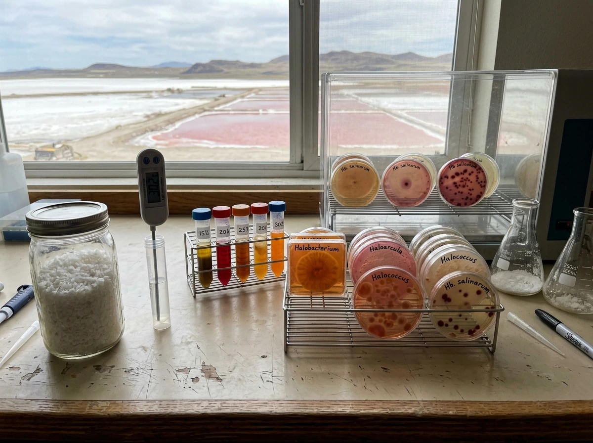 Hypersaline lab scene illustrating conditions halophiles need to grow