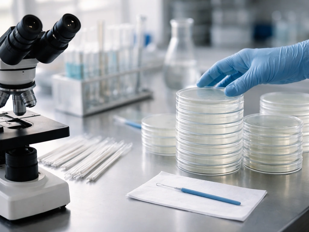 Microscope beside sterile agar plates and a sterile loop in a clean microbiology lab workflow.
