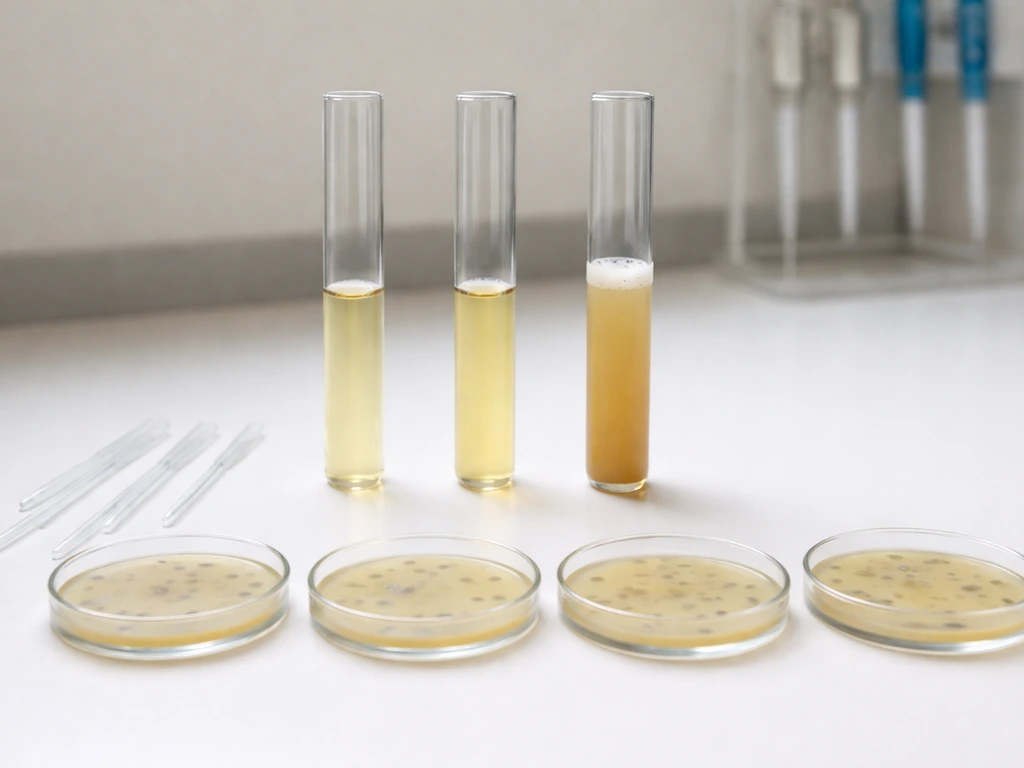 Lab bench with three cloudy culture tubes and agar plates suggesting bacterial lag, log, and stationary phases.