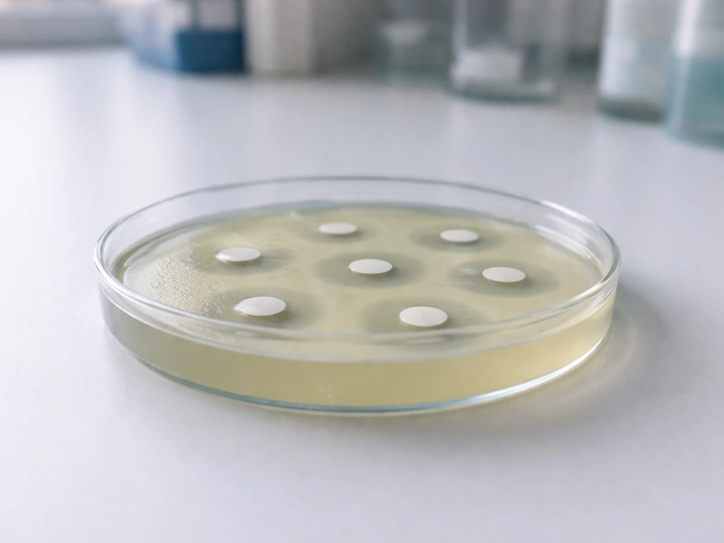 Close-up of an agar plate with antibiotic disks and clear inhibition zones around them