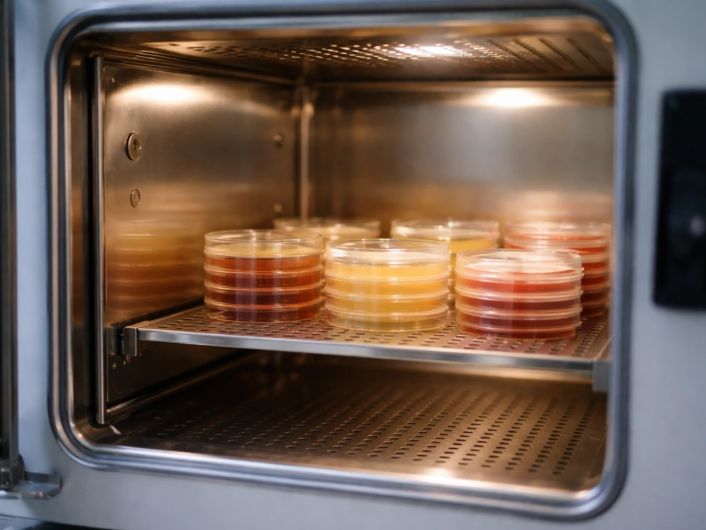 Lab-style incubator chamber with culture plates resting inside under controlled temperature light.