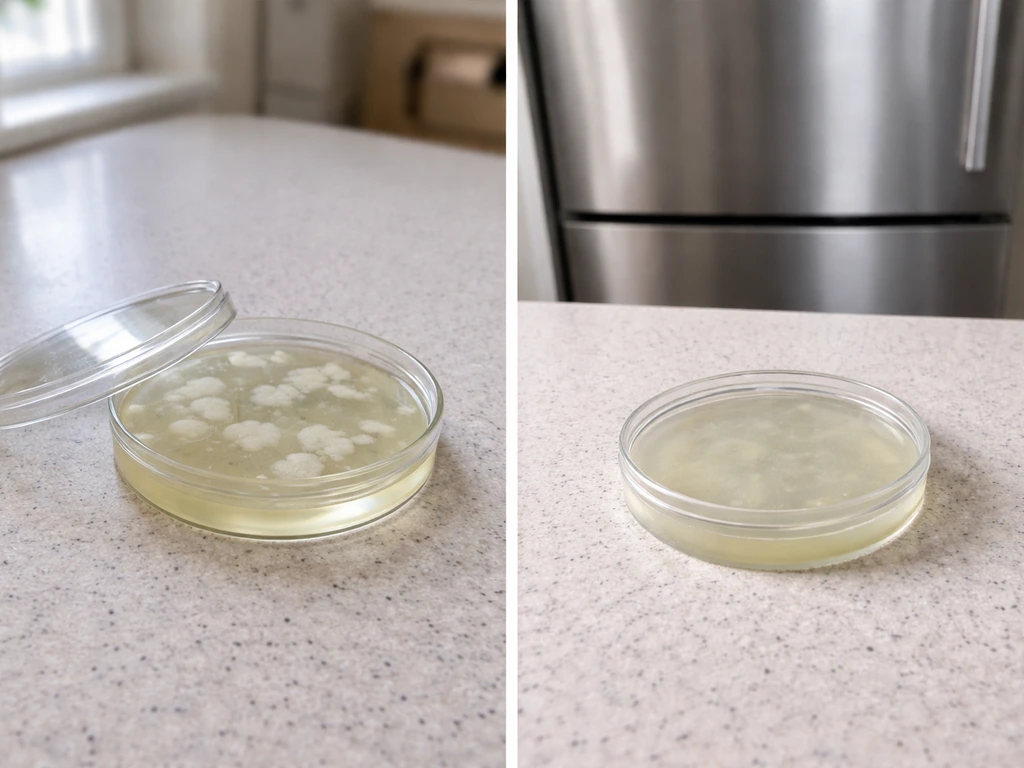 Two petri dishes on a kitchen counter showing faster room-temperature growth and slower refrigerated growth.