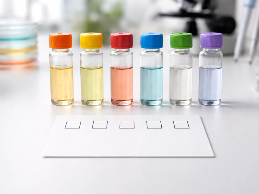Minimal photo of a lab bench with six blank check squares arranged for a FATTOM-style growth checklist.