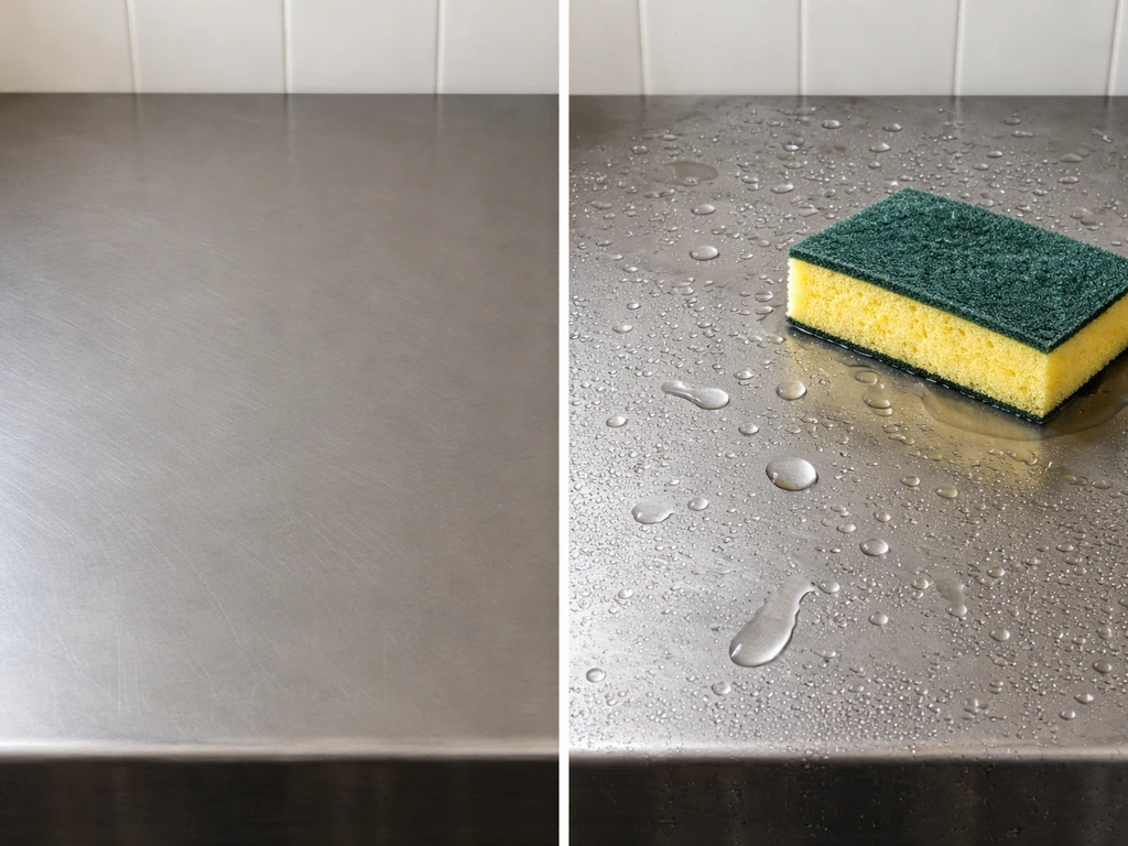 Wet sponge and water droplets on a stainless counter contrasted with a dry metal surface
