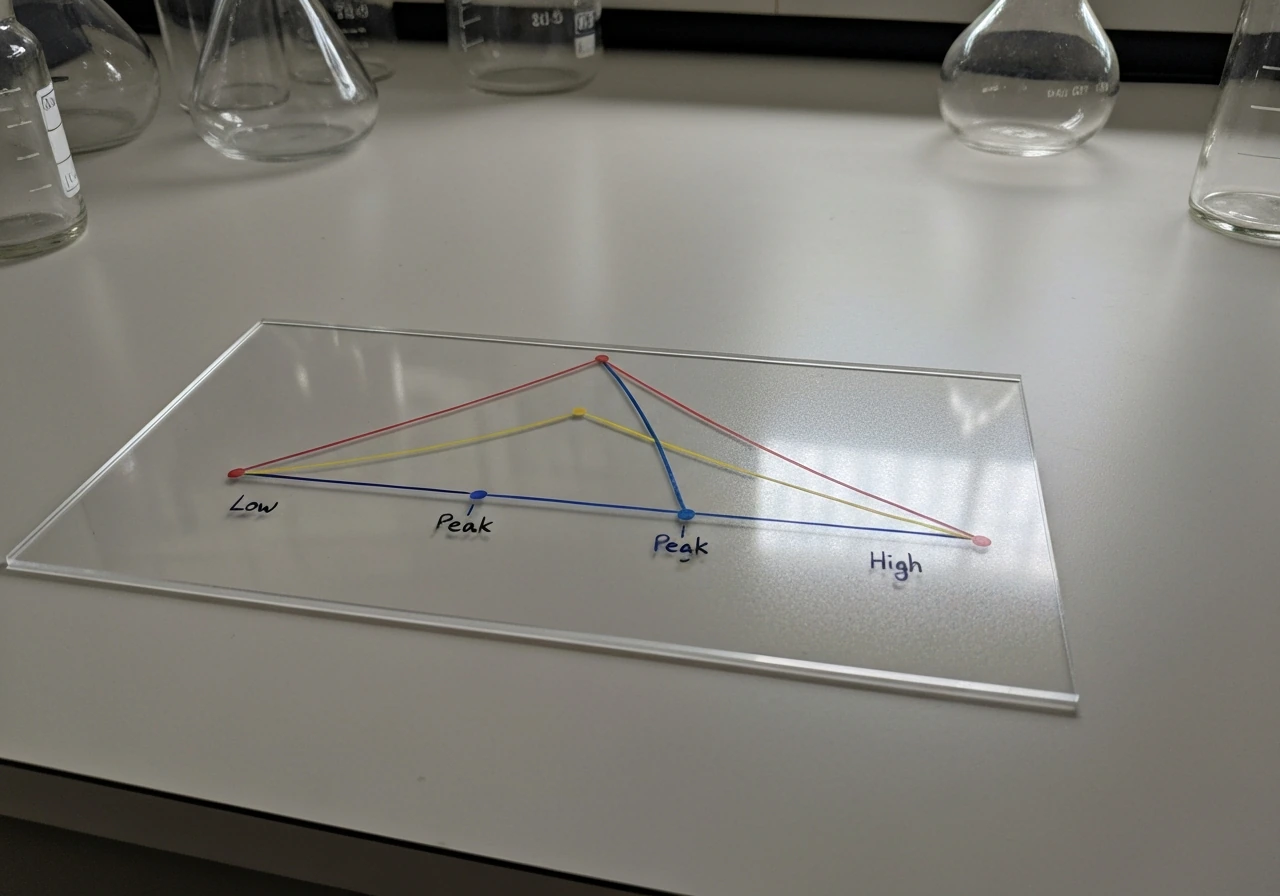 Lab bench scene with a simple asymmetric growth curve and three colored temperature markers on a clear sheet.