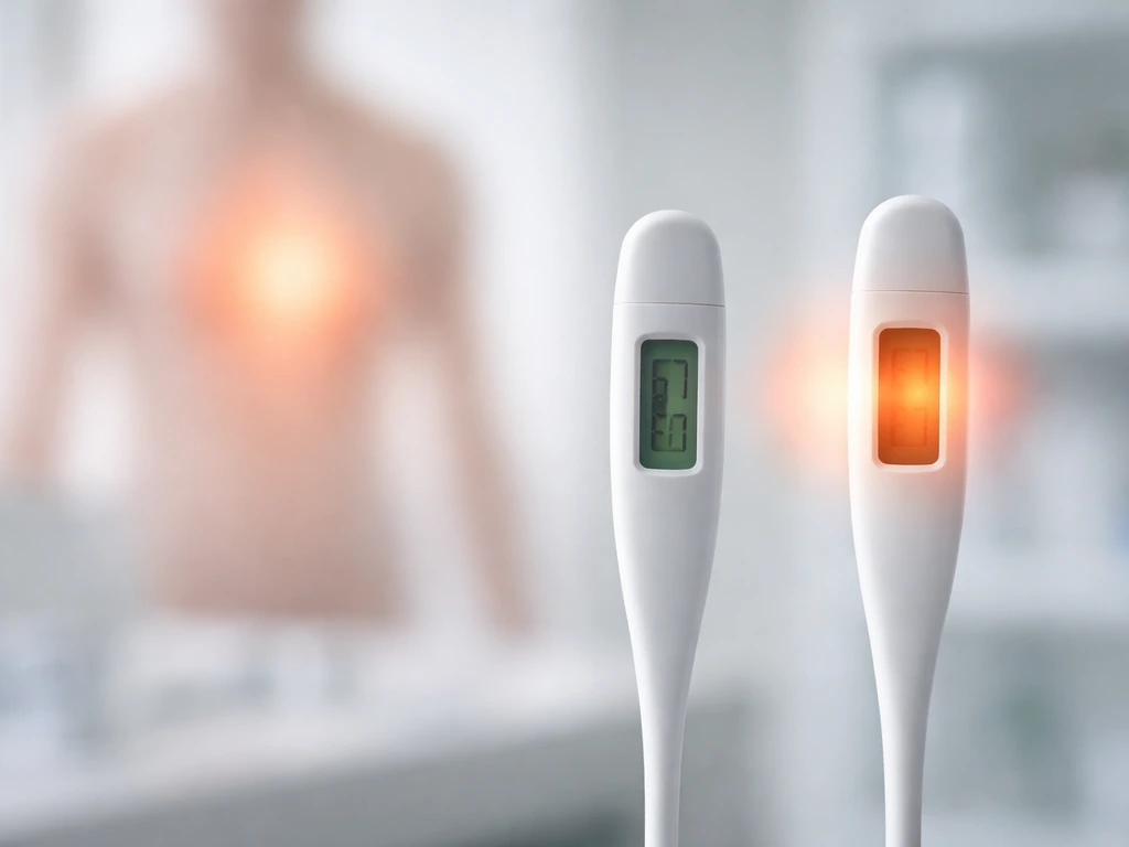 Laboratory scene with thermometer probes near a warm torso silhouette implying the 37–45°C danger zone.