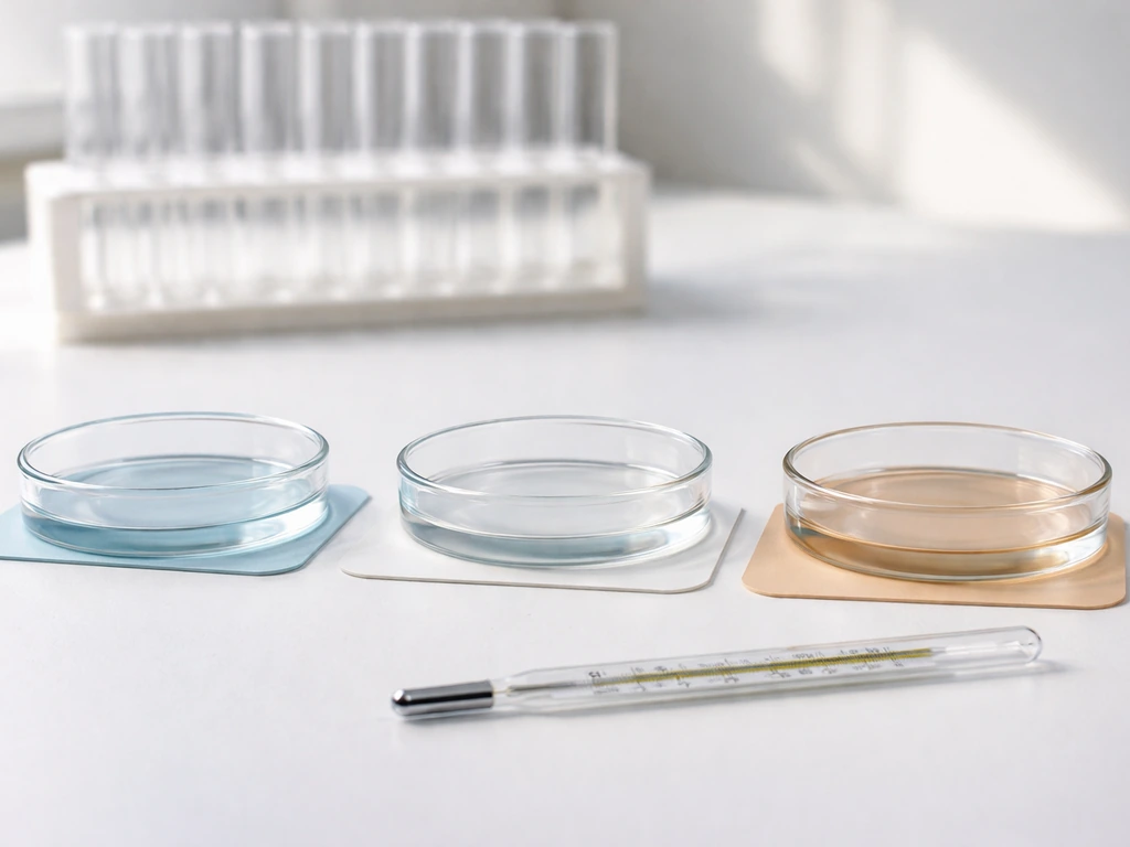 Minimal photo of three lab items on a bench, suggesting bacterial growth temperatures without any readable text.