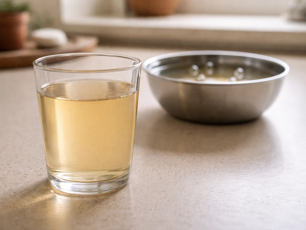 Glass of acidic liquid with faint spore-like microbes suppressed, suggesting low pH lowers botulism risk.
