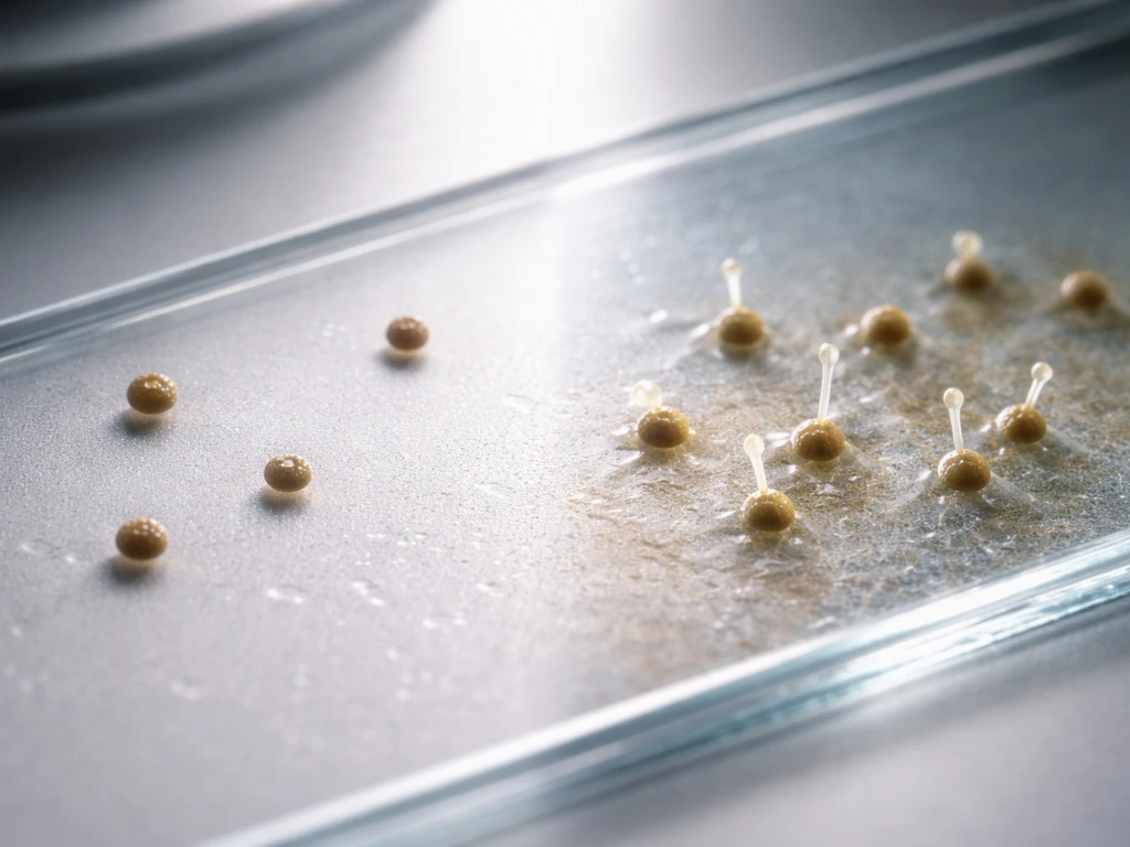 Microscopic view of a few dormant spores on a glass slide, transitioning to early germination as conditions change.