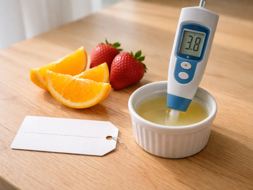 Close-up of citrus, strawberries, and lemon juice beside a handheld pH meter showing an acidic value.
