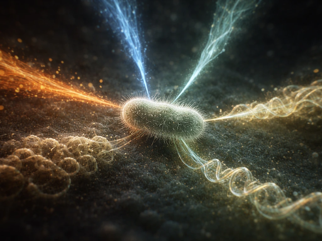 Microscopic view of a single bacterial cell with colored nutrient flows integrating into proteins and DNA/RNA.