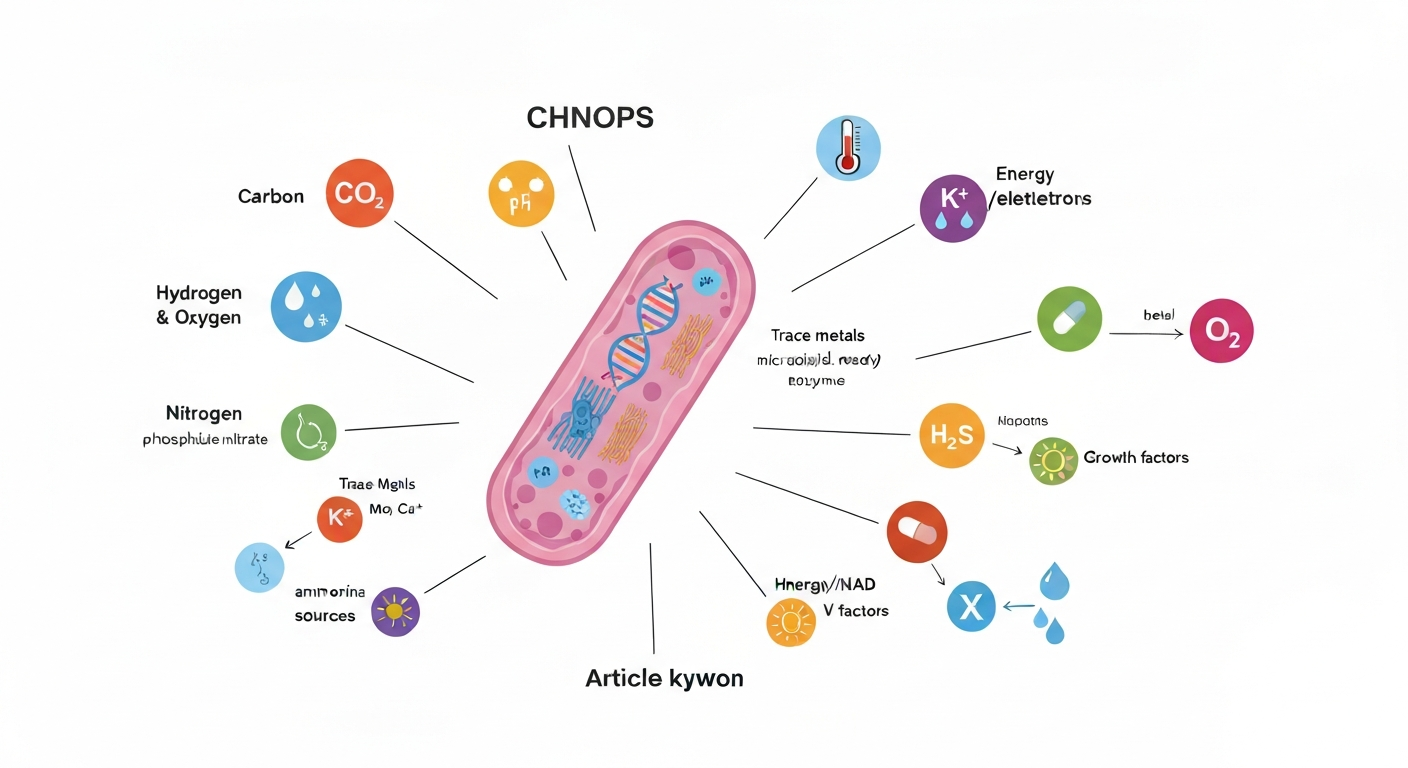 Infographic of a bacterial cell with labeled callouts for CHNOPS, bulk cations, trace metals, energy sources, growth factors and environmental factors (temperature, pH, moisture, oxygen).