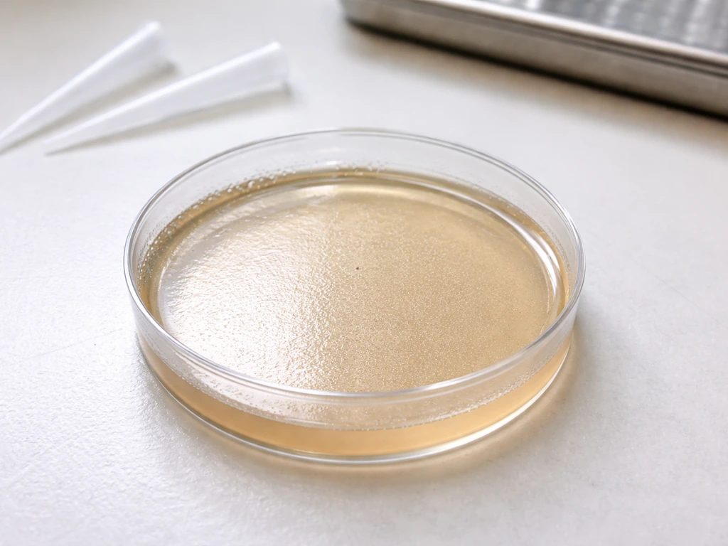 Close-up of a sterile Petri dish with agar, suggesting ampicillin selection in a minimal lab setting.
