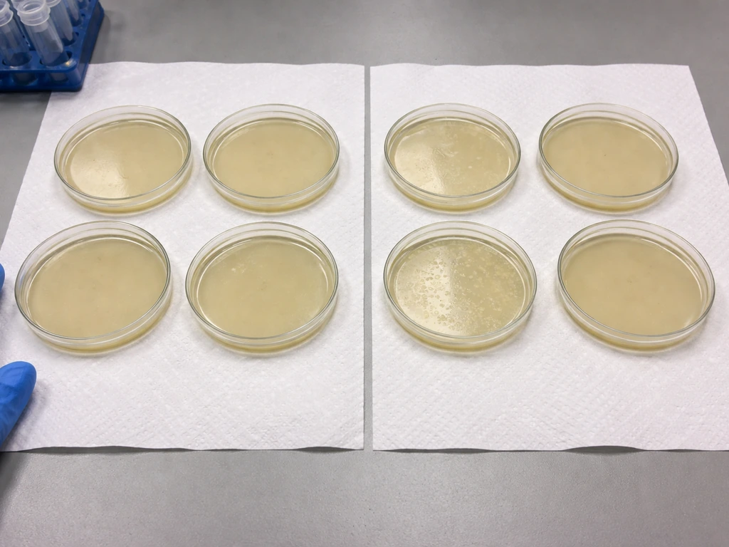 Side-by-side agar plates on a lab bench: blank no-growth plates next to a positive control with colonies.