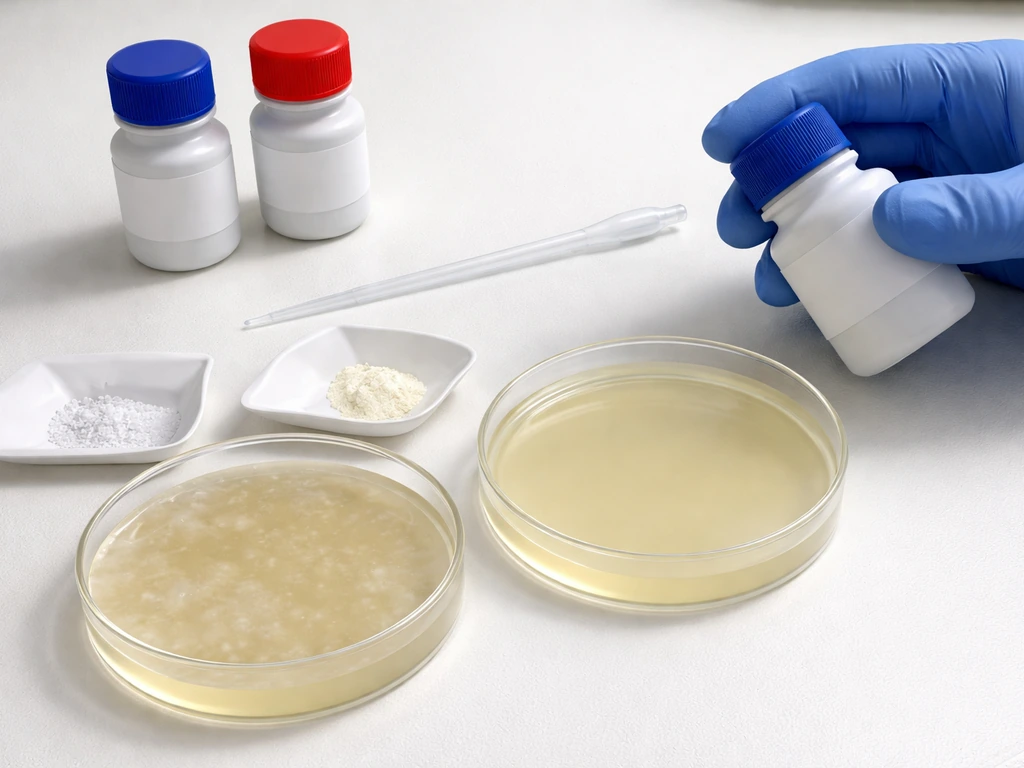 Gloved hands at a lab bench showing an LB agar bottle and incorrect-looking agar mix beside it