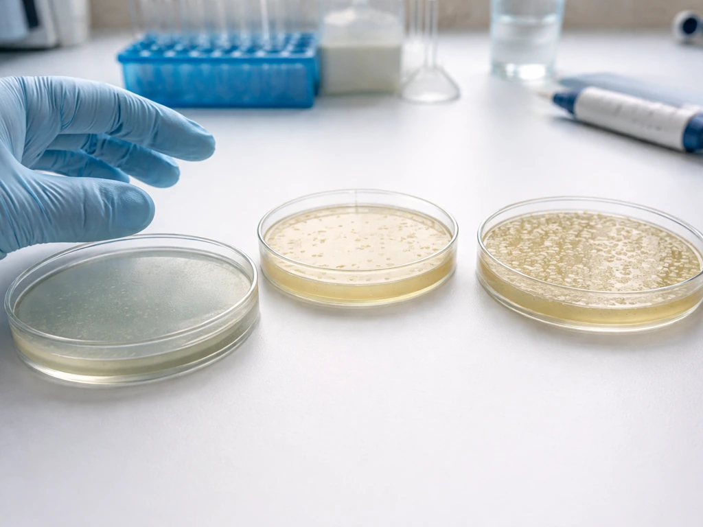 Lab bench with E. coli agar plates showing different incubation conditions and colony patterns