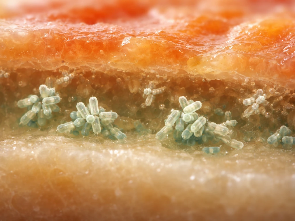 Macro cross-section of a moist food surface where bacteria multiply in the nutrient-rich layer.