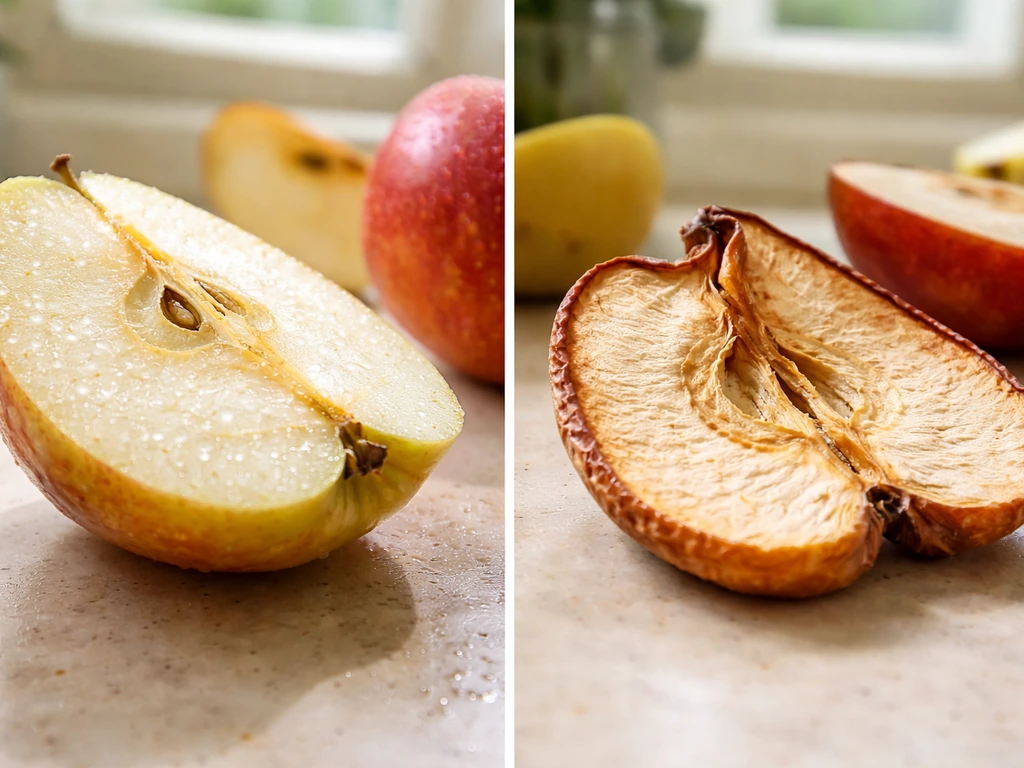 Fresh cut fruit slice beside wrinkled dried slice, showing moisture removal to inhibit growth.