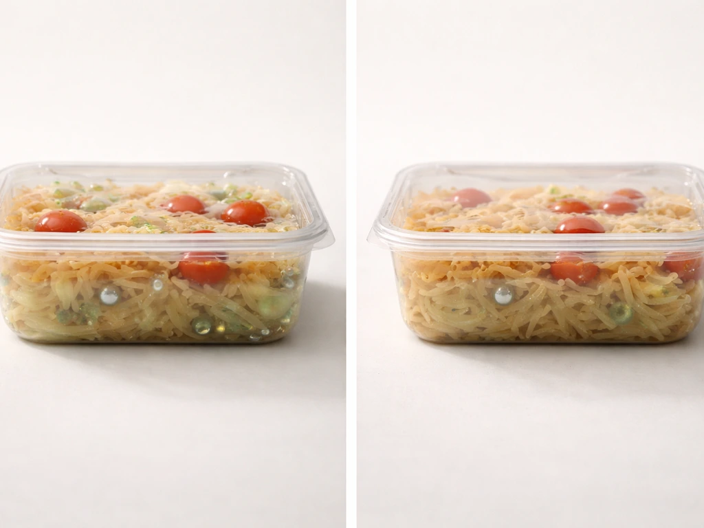 Minimal split view of vacuum vs air-filled food packaging with generic microbes in each half.