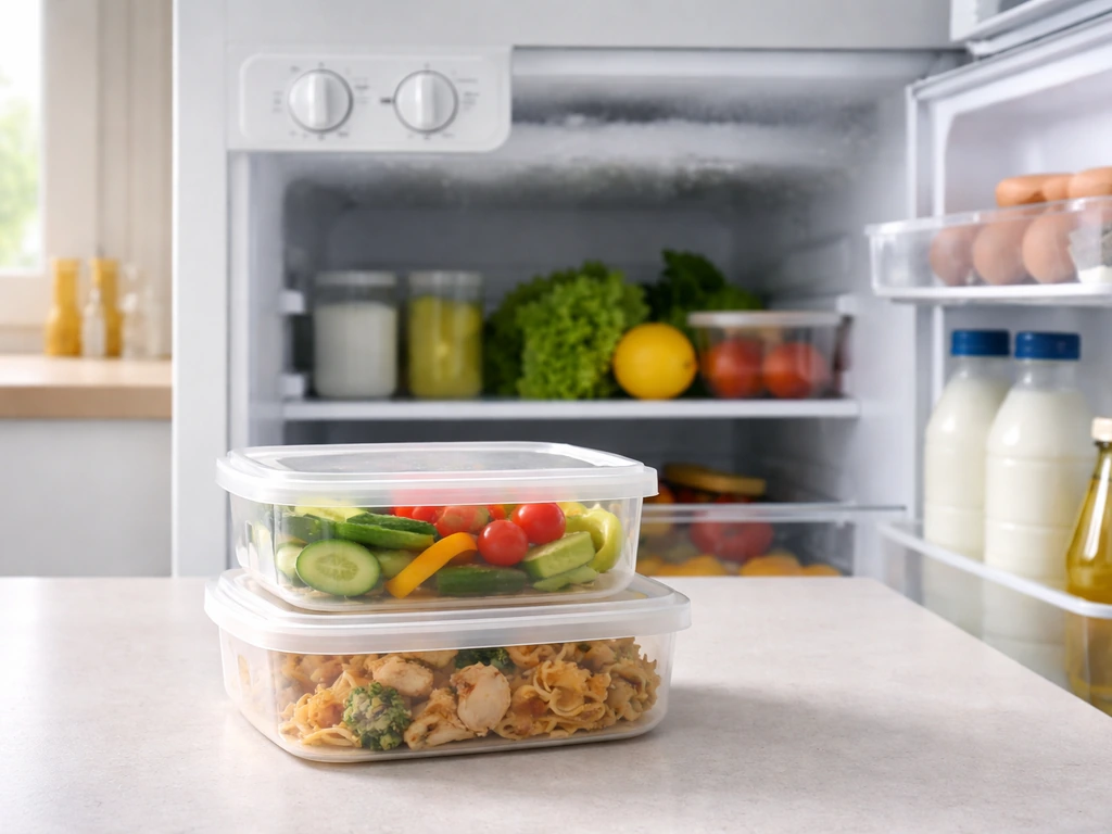 Open fridge and neatly lidded food containers on a counter, suggesting safe cold storage.