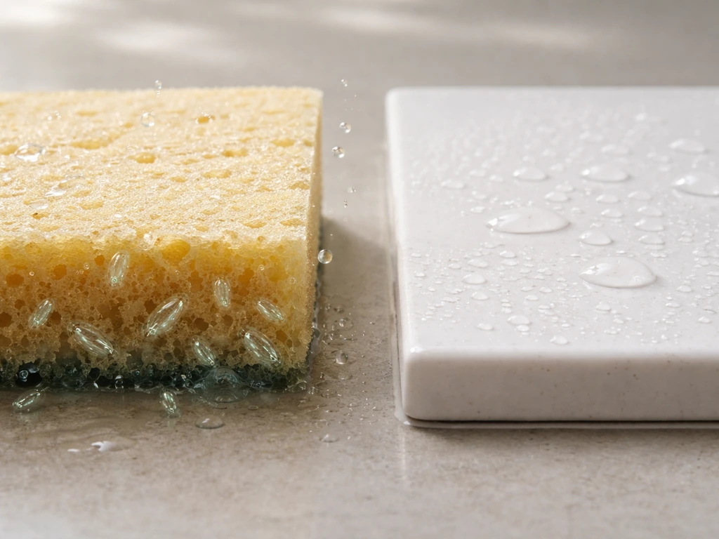 Close-up of damp porous sponge and clean non-porous tile with subtle microbe-like particles