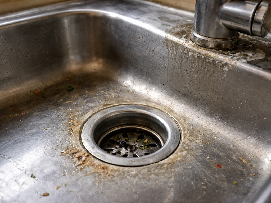 Close-up of a stainless kitchen sink with soap scum and greasy food residue around the drain and faucet base.