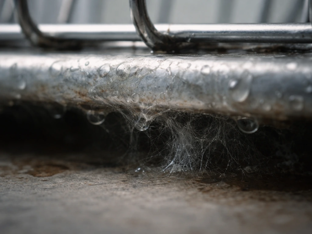 Macro view of hazy biofilm forming in a damp crevice under a dish rack edge.