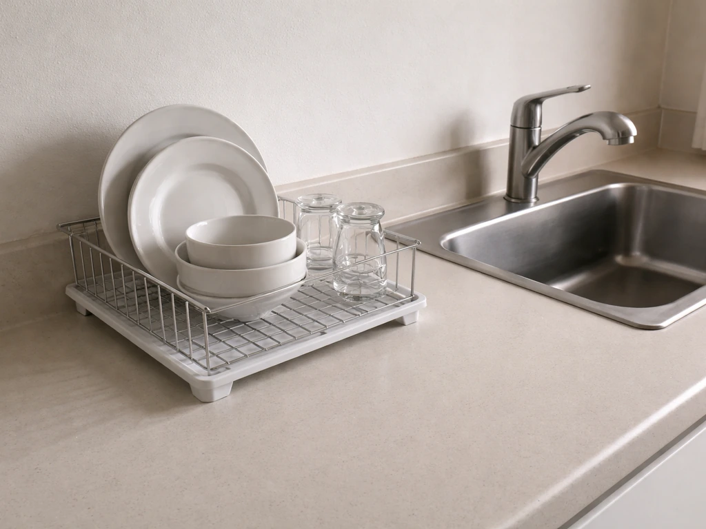 Minimal kitchen scene showing a drying rack and a freshly wiped, completely dry countertop.