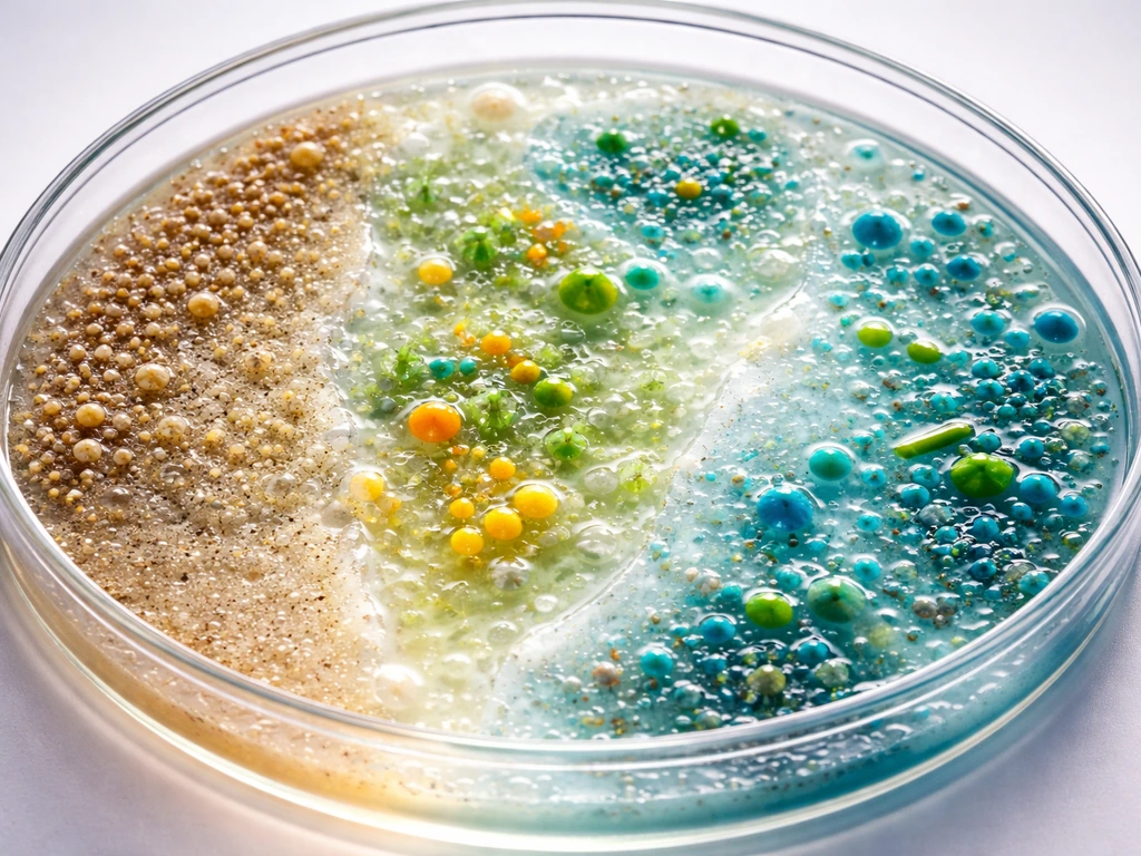 Macro view of distinct microbe communities in separate moist, dry, and oxygenated microhabitats on a dish.