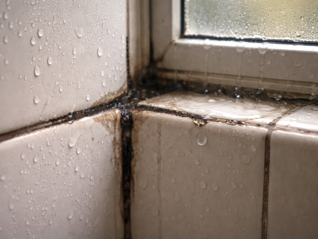 Close-up of bathroom tile grout with water droplets and condensation soaking the surface