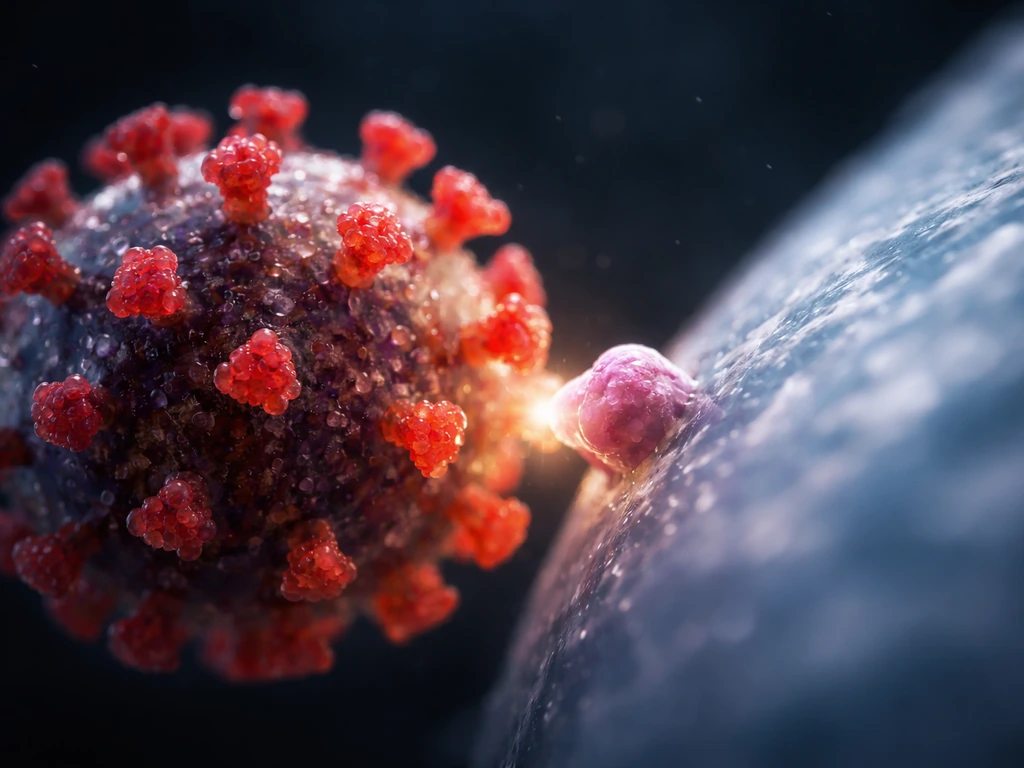 Close-up of a virus particle binding to a host cell surface receptor, focused at the attachment point.