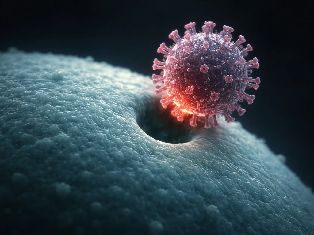 Microscopic view of a virus-like particle attaching to a host cell and entering it