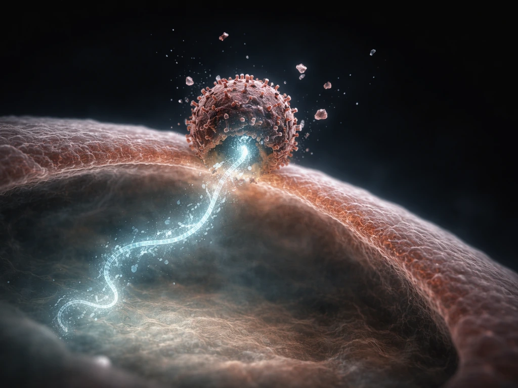 Microscopy-like view of a virus uncoating inside a single host cell, releasing its genome.