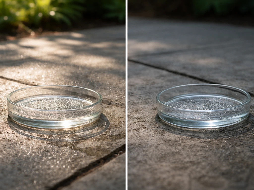 Sunlit vs shaded petri dish outdoors with visible water droplets and condensation showing light/temperature exposure.