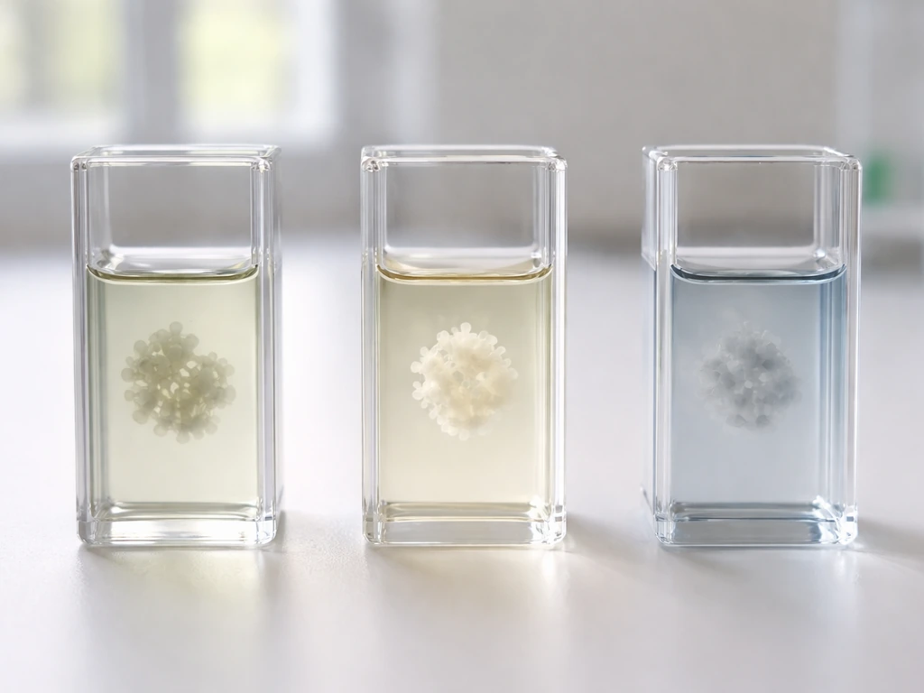 Minimal lab photo of cuvettes with tinted buffers and hazy virus-like particles showing stability differences.