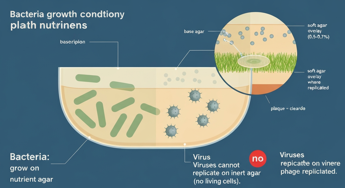 Illustration comparing bacteria growing on nutrient agar with viruses that cannot replicate on agar; inset shows bacteriophage plaque assay in soft agar.