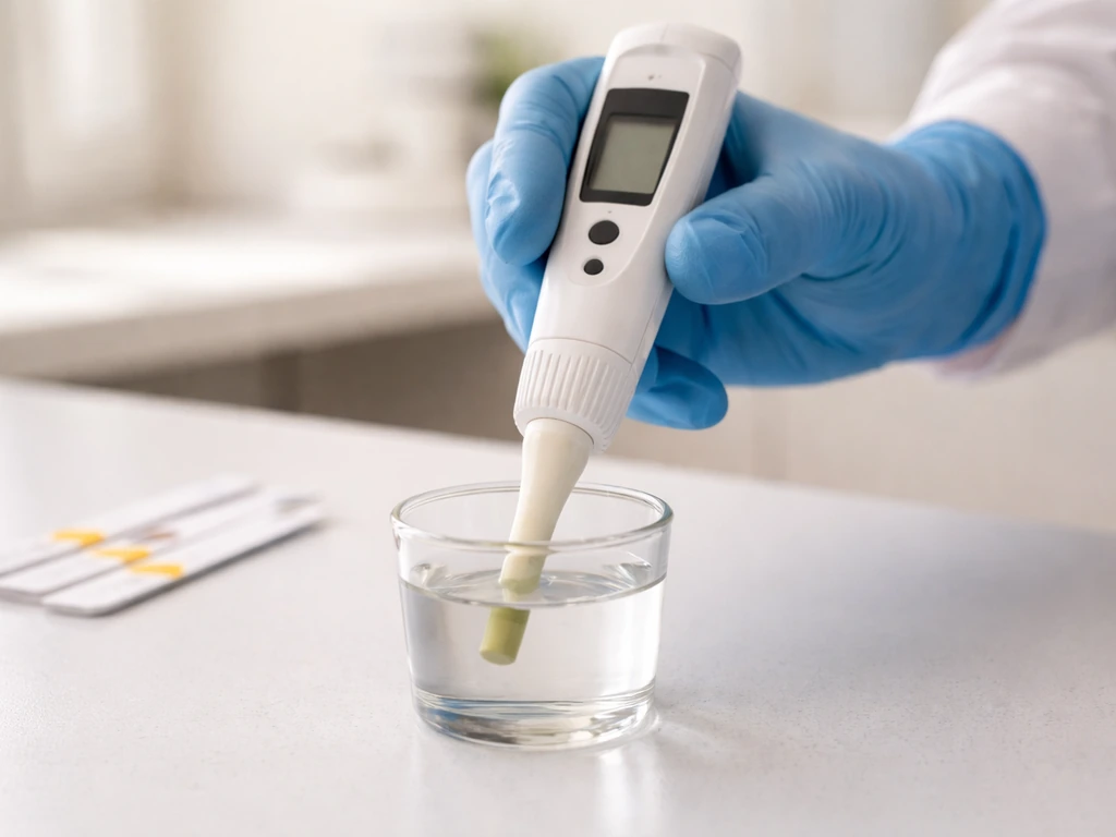 Gloved hands using a calibrated pH meter and pH strips to measure liquid sample pH in a clean bench setting.