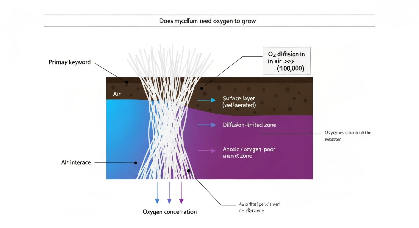 Infographic cross-section: mycelium network in substrate with oxygen gradient from air (blue) to anoxic zones (purple), arrows showing diffusion and labels for aerated and diffusion-limited layers.