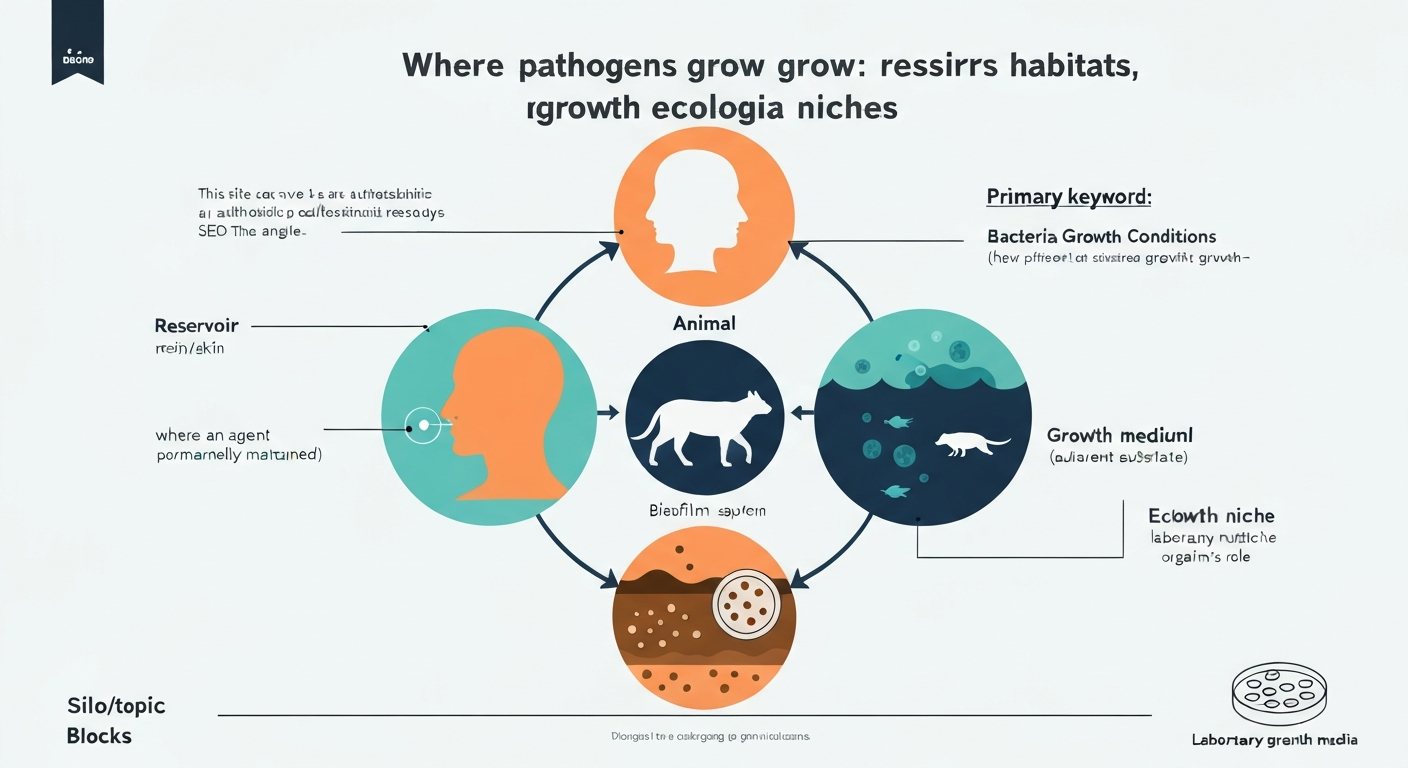 Infographic showing reservoirs of pathogens — humans, animals, water, soil — plus a petri dish, with labels for 'reservoir', 'habitat', 'growth medium', and 'ecological niche' and arrows indicating transmission.