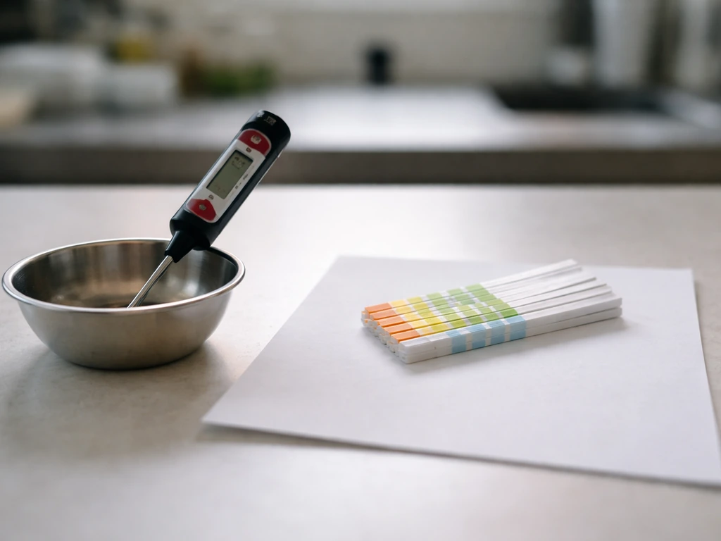 Side-by-side thermometer probe and pH test strips on a clean surface in natural light.