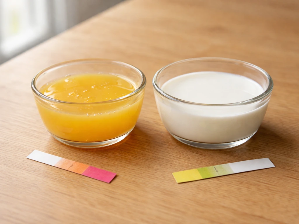Close-up of citrus juice and milk with pH indicator strips showing acidic vs near-neutral colors.