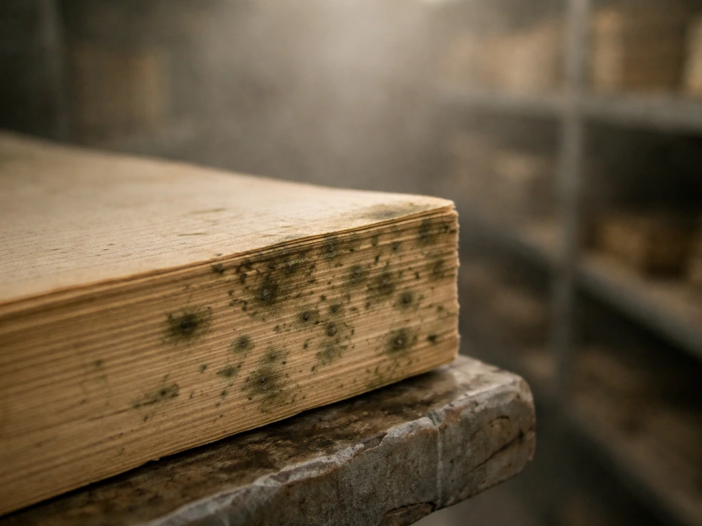 Close-up of a book’s page edge with dark mold spots in a damp, humid room atmosphere.