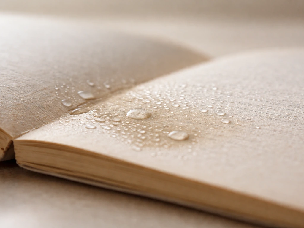 Close-up of damp paper fibers with moisture beading on a book page, showing how moisture is absorbed