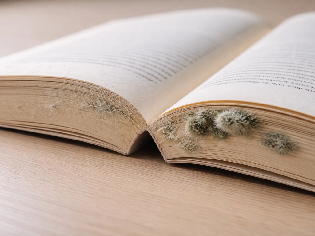 Close-up of a single open book showing early powdery mold and later fuzzy, fluffy mold patches.