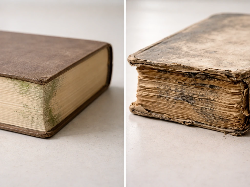 Side-by-side books: one with surface mold on edges to save, the other with deeper mold and damaged binding to toss.
