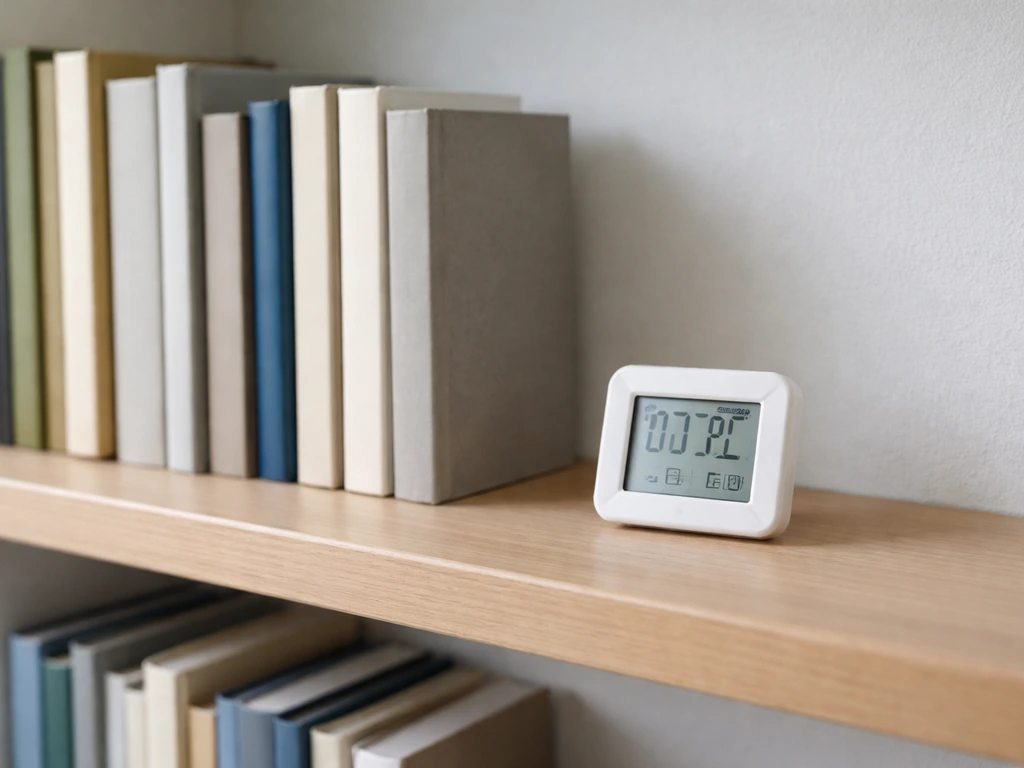 Books spaced on a simple shelf with a working hygrometer monitor showing humidity control.