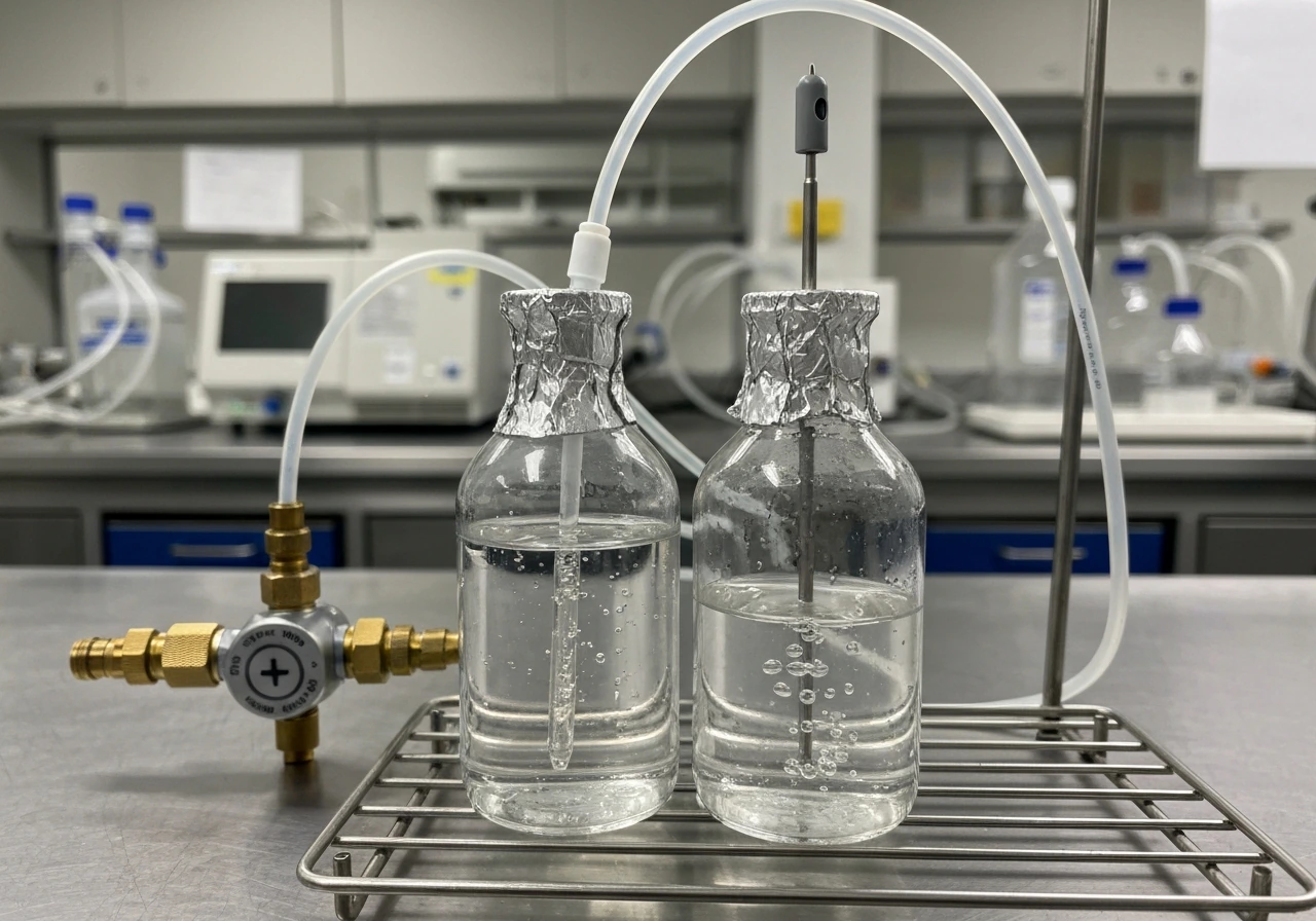 Close-up of crimp-sealed serum bottle bioreactor with gas lines and an inserted DO probe in a clean lab.