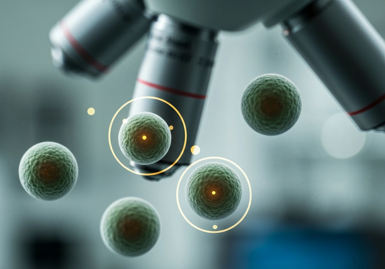 Close-up microscope view of stained bacterial cells with subtle MMO-like glow highlights.